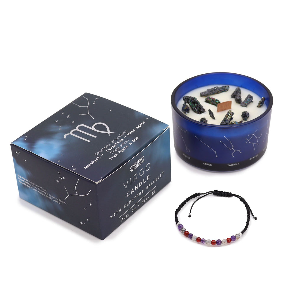 Virgo Zodiac Crystal Candle with Amethyst, Carnelian and Moss Agate Gemstone Bracelet Giftset