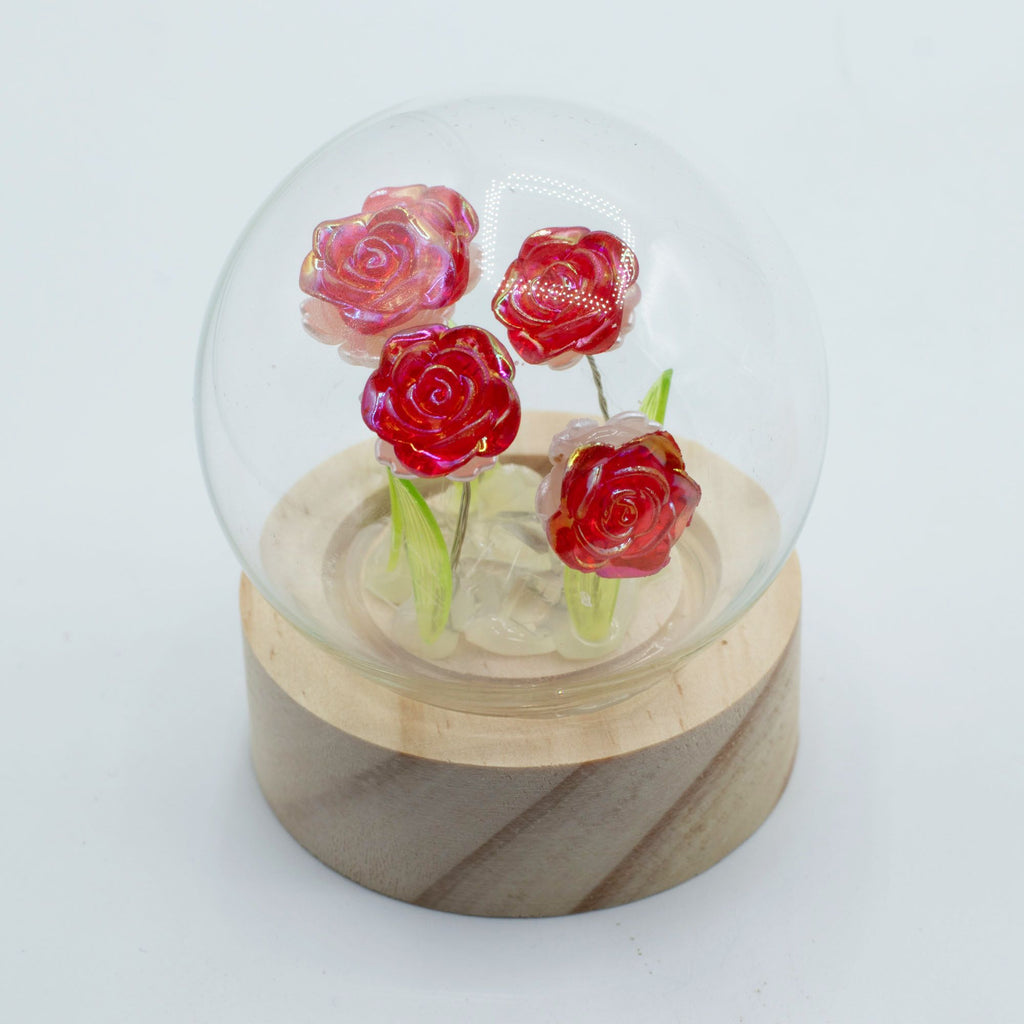 Warm LED Illuminated Red Roses Under Glass Dome with Natural Wooden Base, Battery Operated Decorative Accent