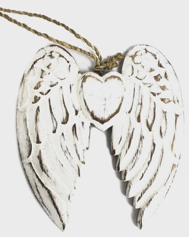 Hand-Carved Vintage Distressed Angel Wings in White-Washed Wood, Unique Wall or Shelf Decoration, Customizable Blackboard Back