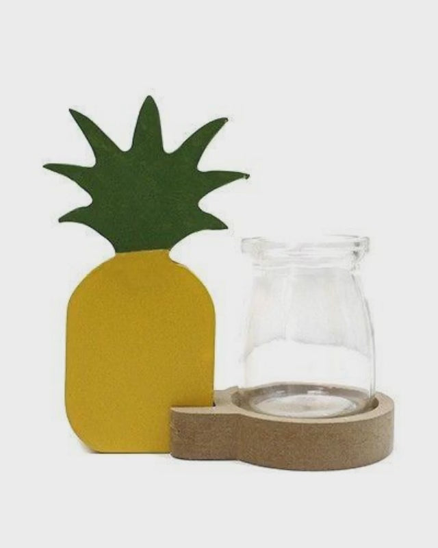 Hydroponic glass tube planter with iron and wood frame, minimalist floral vase for modern home and office decor