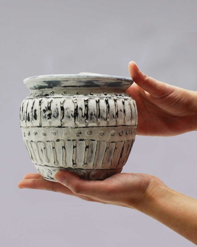 Handmade Cream Clay Pot, Stripped Greek Design, Modern Botanical Decor
